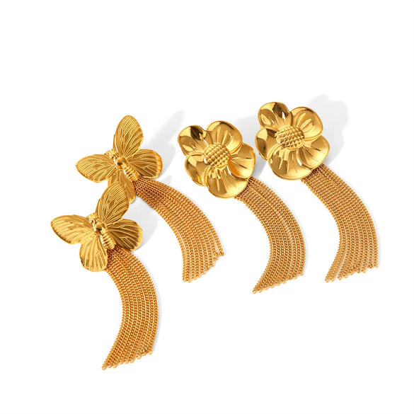 Wholesale Stainless Steel Flower And Insect Tassel Earrings For Women With Electroplating Treatment