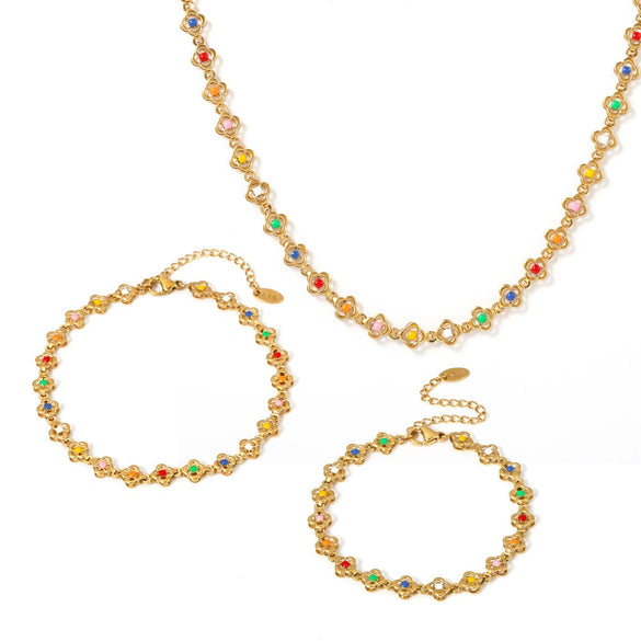 Wholesale 316L Stainless Steel Flower Handmade Chain Electroplated Light Luxury Women's Necklace Bracelet Anklet Set