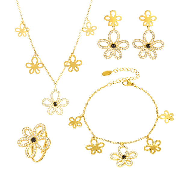 Wholesale Stainless Steel Flower Jewelry Set With Electroplating For Women Necklace Bracelet Ring Earrings Elegant Design