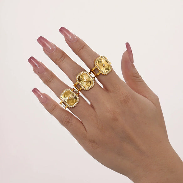 Wholesale Stainless Steel Flower Microinlaid Zircon Opening Adjustable Geometric Ring With Electroplating For Women