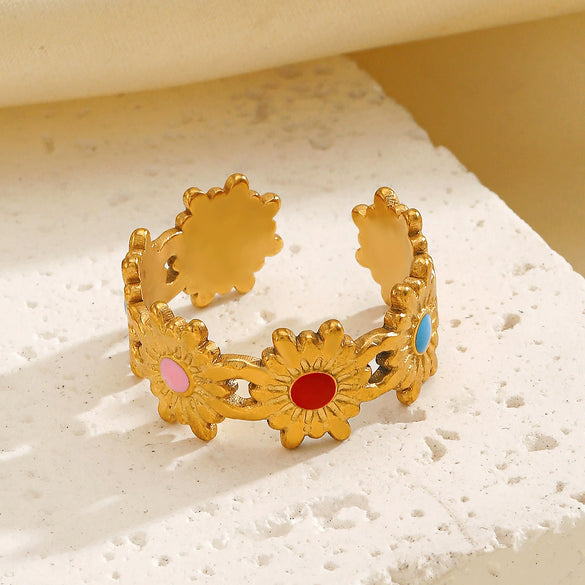 Wholesale Stainless Steel Flower Oil Drop Ring 18K Gold Plated For Women