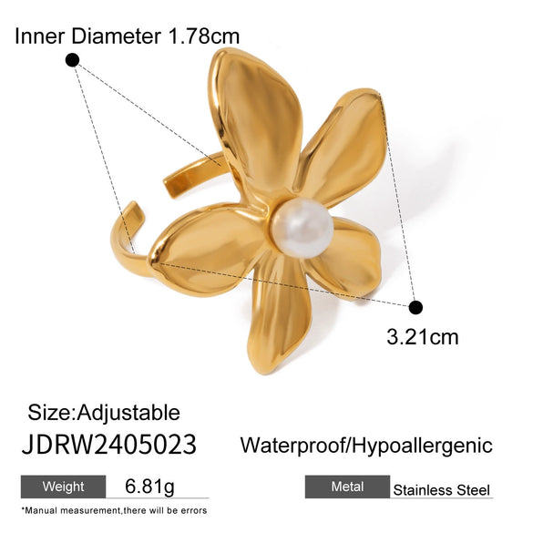 Wholesale Stainless Steel Flower Pearl Ring With Geometric Design And Electroplating Treatment For Women