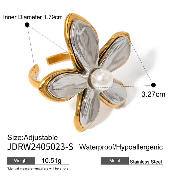 Wholesale Stainless Steel Flower Pearl Ring With Geometric Design And Electroplating Treatment For Women
