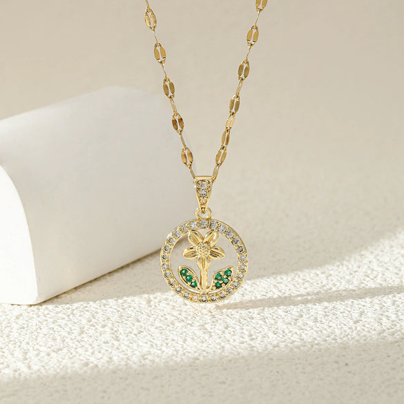 Wholesale Stainless Steel Flower Pendant Clavicle Chain With Mixed Gemstone Setting And Electroplating