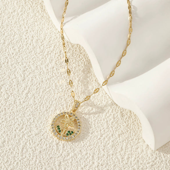 Wholesale Stainless Steel Flower Pendant Clavicle Chain With Mixed Gemstone Setting And Electroplating