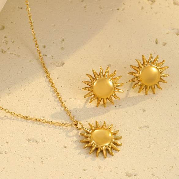 Wholesale Stainless Steel Flower Pendant Necklace And Earrings Set Fashion Design With Electroplating For Women