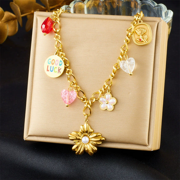 Wholesale Stainless Steel Flower Pendant Necklace With Electroplating And O Word Chain For Women