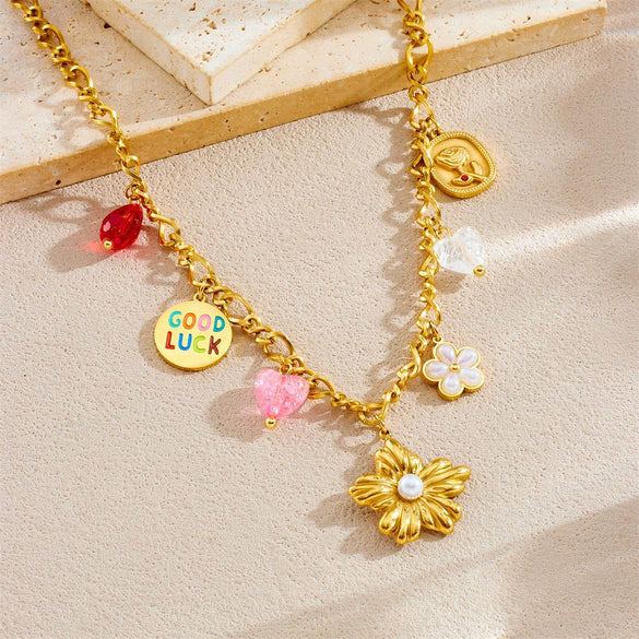 Wholesale Stainless Steel Flower Pendant Necklace With Electroplating And O Word Chain For Women