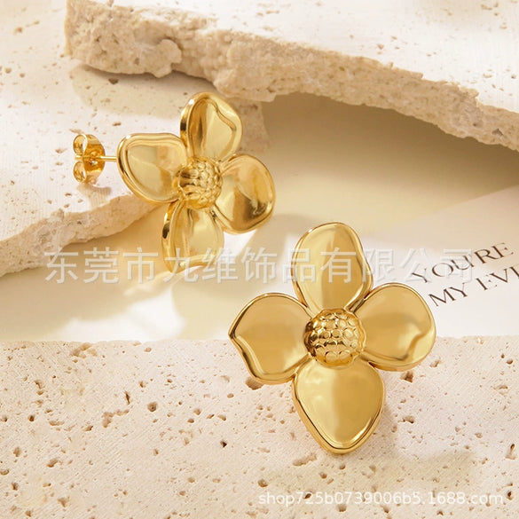 Wholesale Stainless Steel Flower Petal Earrings Retro Holiday Style Personality Stamping