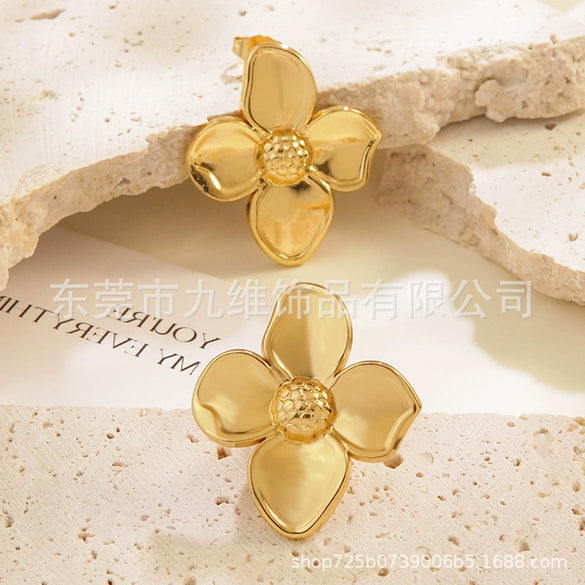 Wholesale Stainless Steel Flower Petal Earrings Retro Holiday Style Personality Stamping