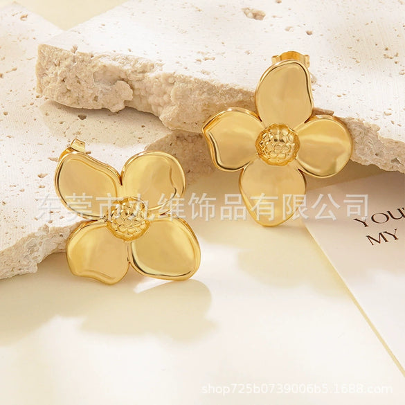 Wholesale Stainless Steel Flower Petal Earrings Retro Holiday Style Personality Stamping