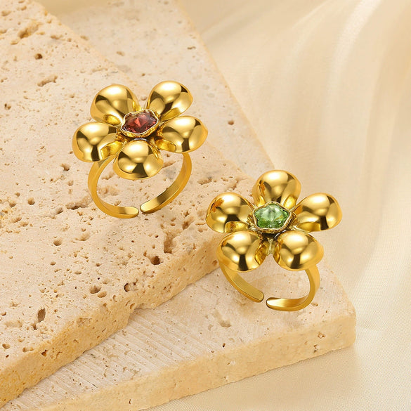 Wholesale Stainless Steel Flower Ring With Colored Zircon 18 Gold Plated Light Luxury Style