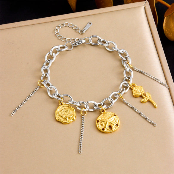 Wholesale Stainless Steel Flower Round Retro Electroplated Women's Bracelet