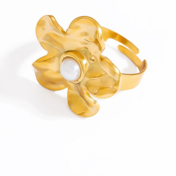 Wholesale Stainless Steel Flower Style Electroplated Women's Pearl Open Bracelet And Nonfading Ring Accessories