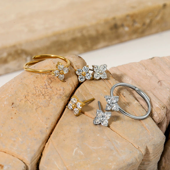 Wholesale Stainless Steel Flower Zircon Jewelry Set With Electroplating For Women Literary And Artistic Flower Ring And Earrings