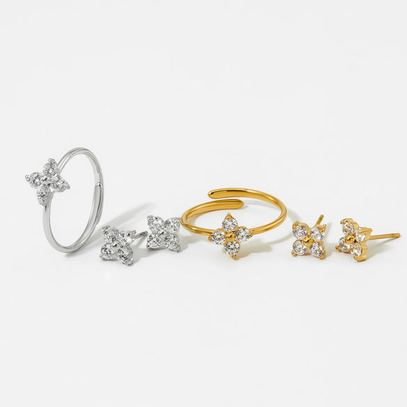 Wholesale Stainless Steel Flower Zircon Jewelry Set With Electroplating For Women Literary And Artistic Flower Ring And Earrings