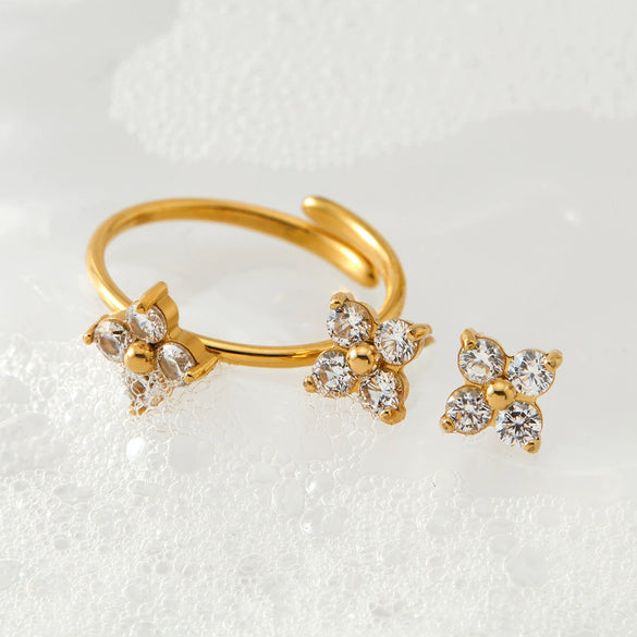 Wholesale Stainless Steel Flower Zircon Jewelry Set With Electroplating For Women Literary And Artistic Flower Ring And Earrings