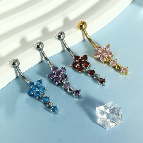 Wholesale Stainless Steel Flowershaped Belly Button Ring With Electroplating And Multicolor Zircon Jewelry
