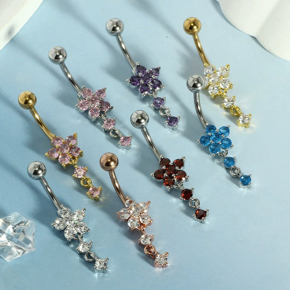 Wholesale Stainless Steel Flowershaped Belly Button Ring With Electroplating And Multicolor Zircon Jewelry