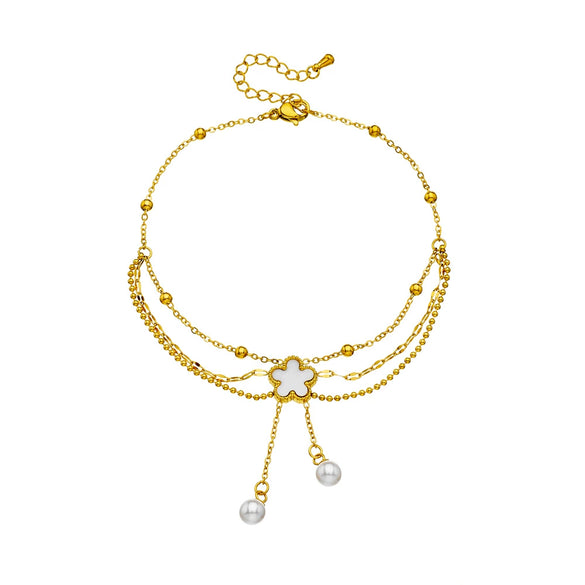 Wholesale Stainless Steel Flowershaped Pearl Shell Tassel Chain Multilayer Jewelry Anklet For Women