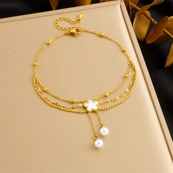 Wholesale Stainless Steel Flowershaped Pearl Shell Tassel Chain Multilayer Jewelry Anklet For Women