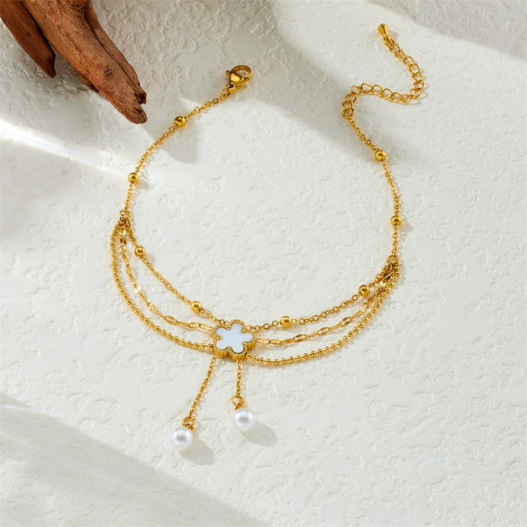 Wholesale Stainless Steel Flowershaped Pearl Shell Tassel Chain Multilayer Jewelry Anklet For Women