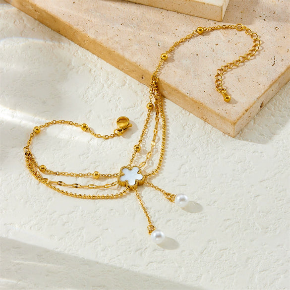 Wholesale Stainless Steel Flowershaped Pearl Shell Tassel Chain Multilayer Jewelry Anklet For Women
