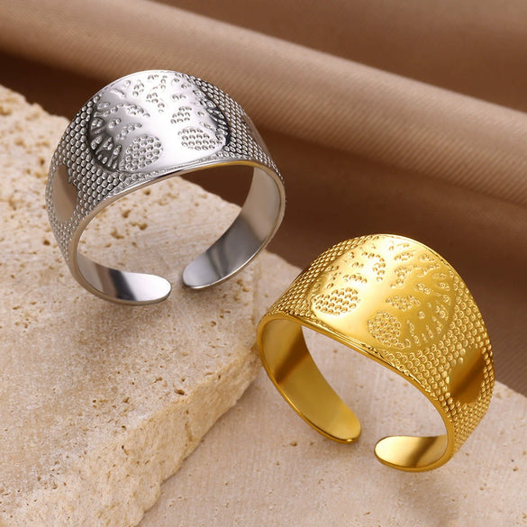 Wholesale Stainless Steel Fourleaf Clover Geometric Lines Cut Out Goldplated Unisex Rings