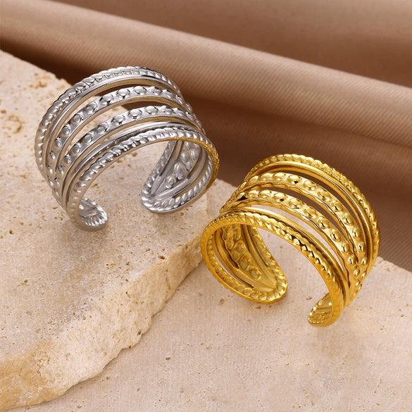 Wholesale Stainless Steel Fourleaf Clover Geometric Lines Cut Out Goldplated Unisex Rings