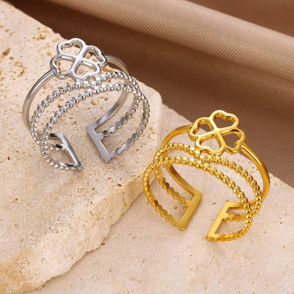 Wholesale Stainless Steel Fourleaf Clover Geometric Lines Cut Out Goldplated Unisex Rings