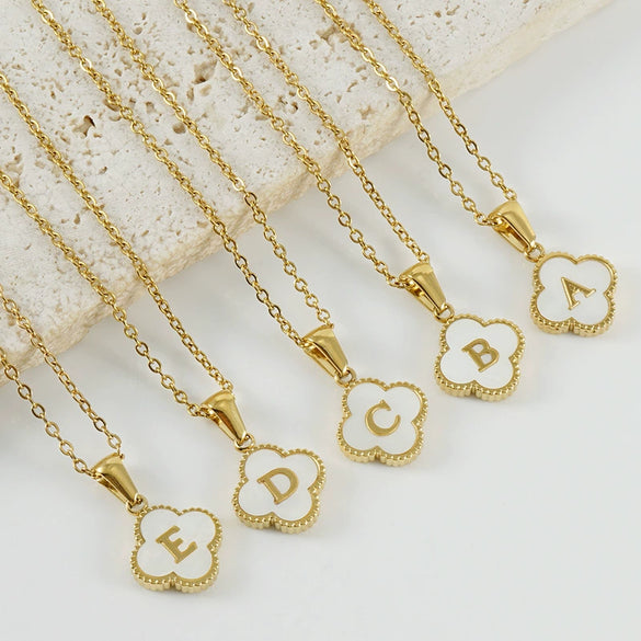Wholesale 316L Stainless Steel Fourleaf Clover Pendant Necklace With Electroplating Treatment And Letter Pattern For Women