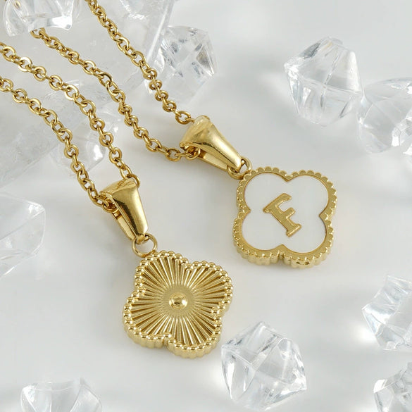 Wholesale 316L Stainless Steel Fourleaf Clover Pendant Necklace With Electroplating Treatment And Letter Pattern For Women