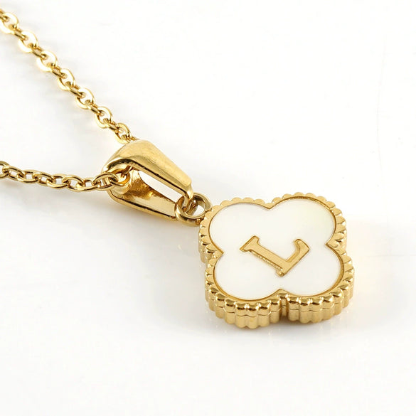 Wholesale 316L Stainless Steel Fourleaf Clover Pendant Necklace With Electroplating Treatment And Letter Pattern For Women