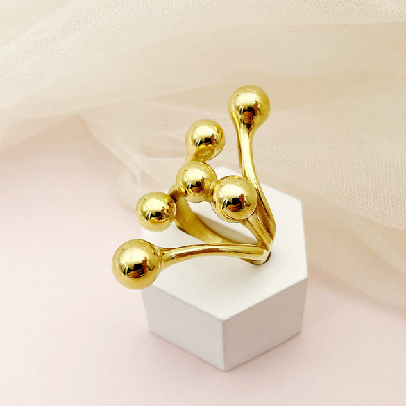 Wholesale Stainless Steel French Retro Geometric Electroplated Women's Ring With Gold Beads And Multirow Connection