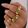 Wholesale Stainless Steel Freshwater Pearl Enamel Glaze Geometric Rose Flower Open Casting Ring For Women