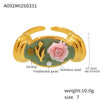 Wholesale Stainless Steel Freshwater Pearl Enamel Glaze Geometric Rose Flower Open Casting Ring For Women