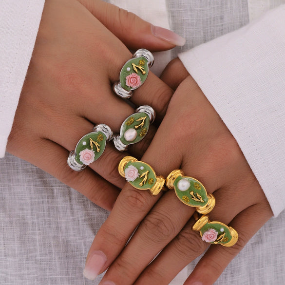 Wholesale Stainless Steel Freshwater Pearl Enamel Glaze Geometric Rose Flower Open Casting Ring For Women