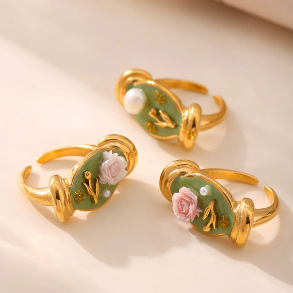 Wholesale Stainless Steel Freshwater Pearl Enamel Glaze Geometric Rose Flower Open Casting Ring For Women