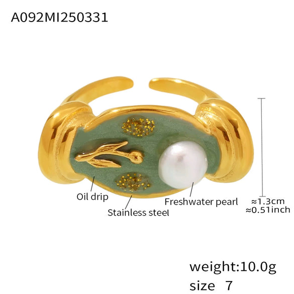Wholesale Stainless Steel Freshwater Pearl Enamel Glaze Geometric Rose Flower Open Casting Ring For Women