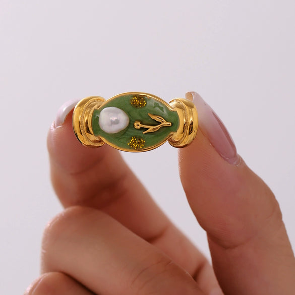 Wholesale Stainless Steel Freshwater Pearl Enamel Glaze Geometric Rose Flower Open Casting Ring For Women