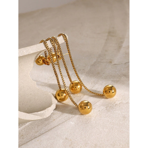 Wholesale Stainless Steel Front And Rear Tassel Earrings With Round Steel Balls And Simple Box Chain Electroplated