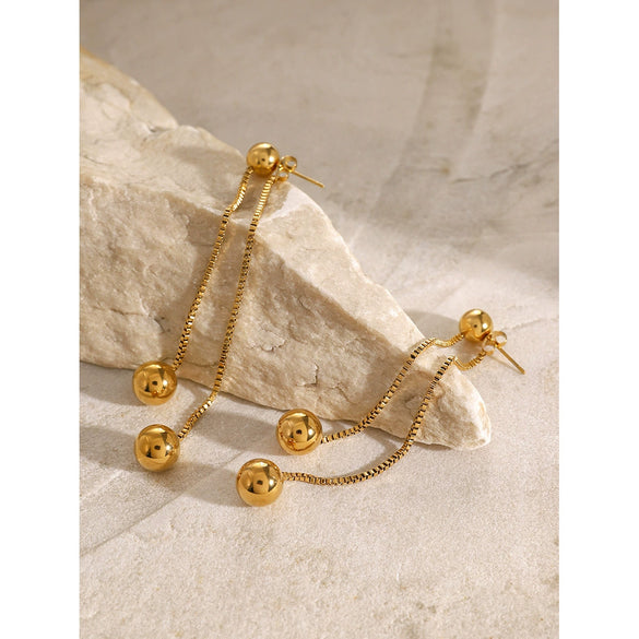 Wholesale Stainless Steel Front And Rear Tassel Earrings With Round Steel Balls And Simple Box Chain Electroplated
