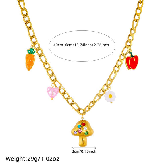 Wholesale Stainless Steel Fruit And Food Style Pendant Necklace With Electroplating Fruit Shaped And Inlaid With Colored Diamond