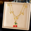 Wholesale Stainless Steel Fruit Pattern Doublelayer Chain Clavicle Necklace With Red Oil Dripping Cherry Pendant Electroplated