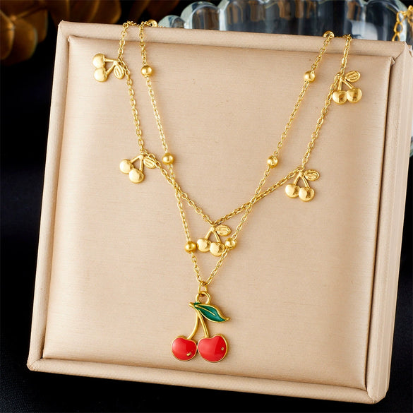 Wholesale Stainless Steel Fruit Pattern Doublelayer Chain Clavicle Necklace With Red Oil Dripping Cherry Pendant Electroplated