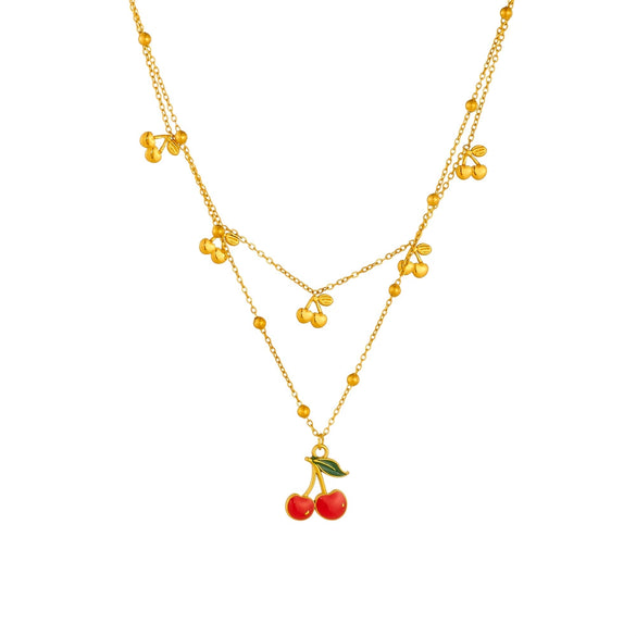 Wholesale Stainless Steel Fruit Pattern Doublelayer Chain Clavicle Necklace With Red Oil Dripping Cherry Pendant Electroplated