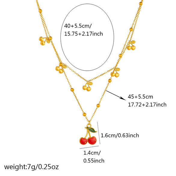 Wholesale Stainless Steel Fruit Pattern Doublelayer Chain Clavicle Necklace With Red Oil Dripping Cherry Pendant Electroplated