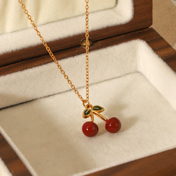 Wholesale Stainless Steel Fruit Pattern Oil Dripping Cherry Pendant O Word Chain Necklace For Women