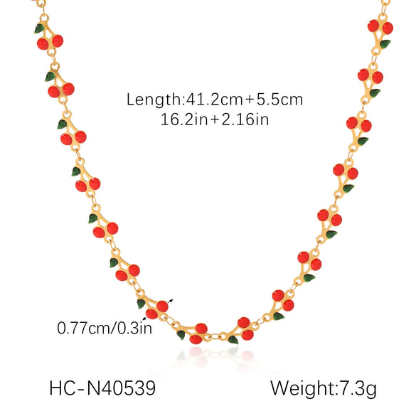 Wholesale Stainless Steel Fruit Pattern Oil Dripping Cherry Pendant O Word Chain Necklace For Women