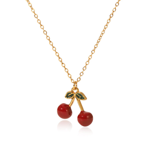 Wholesale Stainless Steel Fruit Pattern Oil Dripping Cherry Pendant O Word Chain Necklace For Women